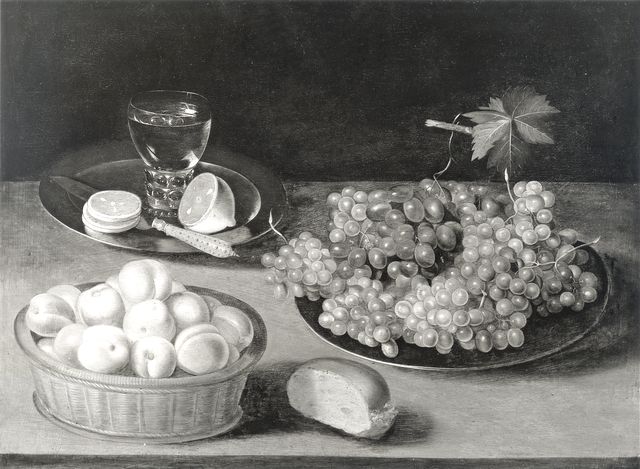 Anonimo — Soreau Isaac - sec. XVII - Natura morta con piatto d'uva, cesto di albicocche, limone, pane e calice — insieme